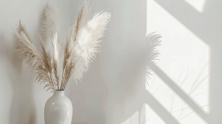 Vase with pampas grass against a light wallの素材