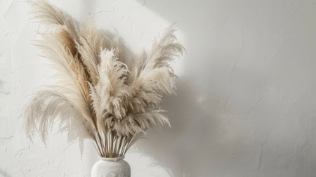 Vase with pampas grass against a light wallの素材