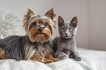 Yorkshire terrier and gray cat on sofa.の素材