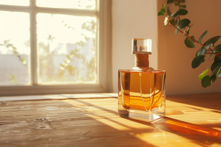 Perfume bottle on wooden table in sunlight, creating warm ambiance inside a natural home environment with green plantsの素材