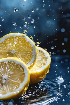 Lemon slices in water with splashes on dark background.の素材