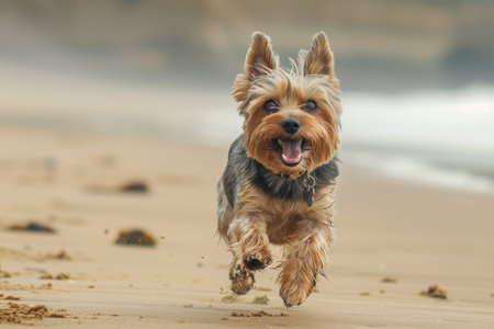 Yorkshire Terrier running on a beach, daily lightの素材