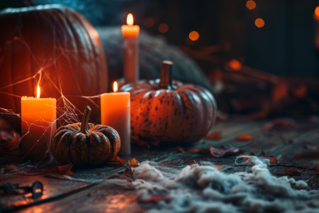 Pumpkins with glowing candles on rustic table and cobwebs in Halloween dark eerie atmosphere conceptの素材
