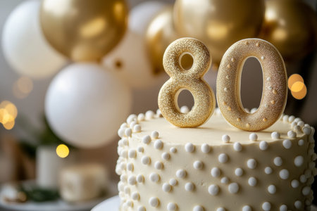 Golden 80th birthday celebration cake adorned with balloons and decorative pearlsの素材