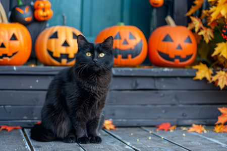 Black cat with yellow eyes in front of Halloween pumpkins and decorations.の素材