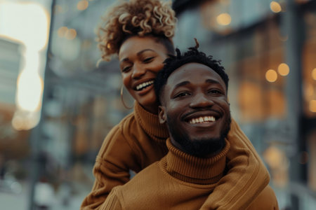 Happy black woman in brown sweater, piggybacking on a black man, evening light, minimalistic backgroundの素材