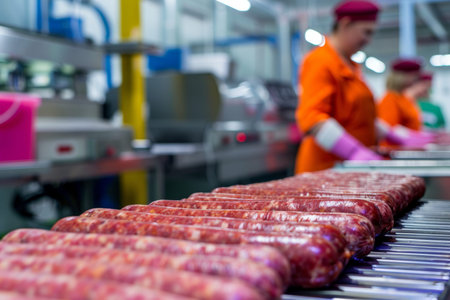 Workers in a sausage factory with various sausages on the foreground.の素材