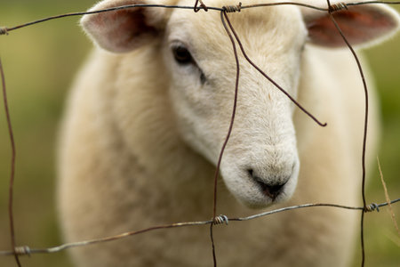 A close view of a sheep looking through a barbed wire fence in a lush green pasture during daylight hoursの写真素材