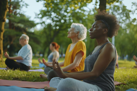 Morning meditation in the park with diverse participants practicing mindfulness in a serene outdoor setting surrounded by lush greenery. Generative AIの素材