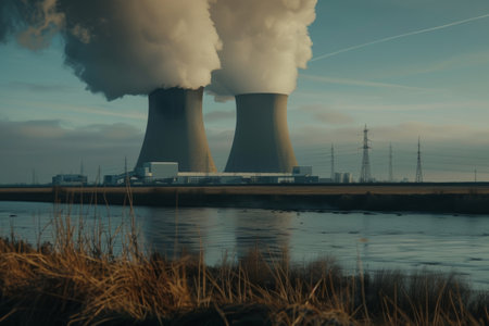 Steam billows from twin cooling towers at a nuclear power plant during a serene sunrise near a calm river on a crisp morning. Generative AIの素材