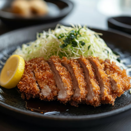 Crispy pork cutlet served with shredded cabbage and lemon wedge in a traditional dining settingの素材
