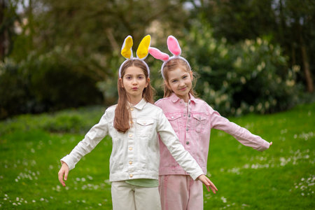 Two children wearing bunny ears posing playfully in a garden during springtimeの写真素材