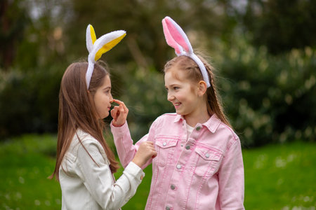 Two children wearing bunny ears share a joyful moment in a park during an Easter celebration on a sunny dayの写真素材