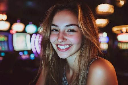 Smiling young woman enjoying a night at the casino with colorful lights in the backgroundの素材