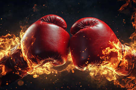 Red boxing gloves collide in fiery clash symbolizing intense competition and sportsmanshipの素材