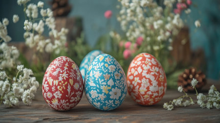 Beautifully decorated Easter eggs displayed on a rustic wooden table with floral arrangements in the backgroundの素材