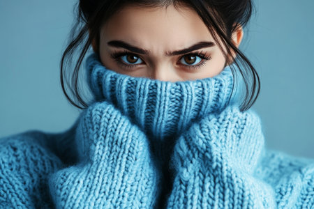 Young woman in cozy blue sweater expresses emotion against a plain backgroundの素材