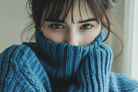 Warm sweater style and cozy indoor atmosphere with a young woman in soft lightの素材