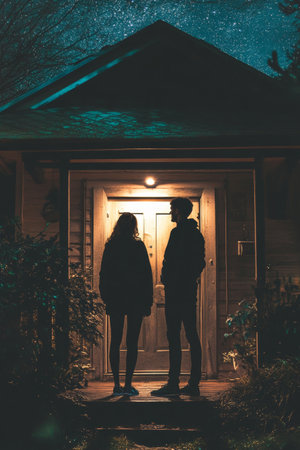 Couple standing outside a house at night, sharing a moment under the starsの素材