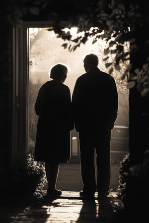 Couple holding hands outside their home during a quiet sunset moment, embracing warmth and connectionの素材