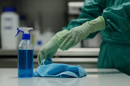Woman in green uniform cleans kitchen table with blue spray and rag during household choresの素材