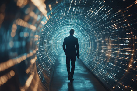 Man walks through a glowing tunnel filled with swirling lights and digital effects at nightの素材