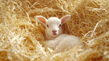 Cute lamb resting in soft hay on a sunny day in a farm setting, enjoying a peaceful moment of tranquilityの素材