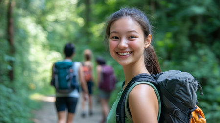 Group of friends hiking through a lush forest on a sunny day while one member smiles for the cameraの素材
