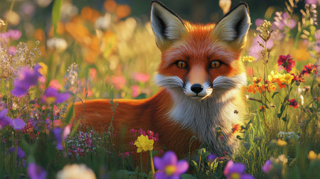 Beautiful red fox resting in a vibrant flower-filled meadow during a sunny dayの素材