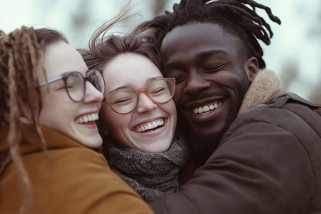 Joyful friends enjoying a warm moment outdoors, embracing with laughter and connection in natural lightの素材