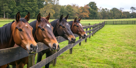 Lineup of horses interacting together in a field behind a fence in a serene equestrian settingの素材