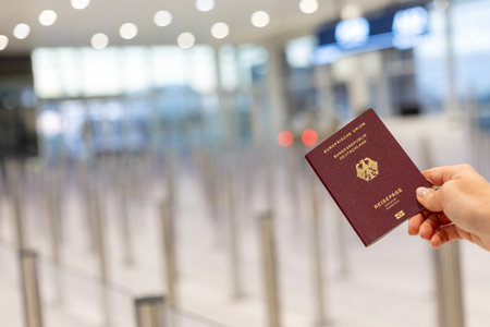 Passport held at airport security during travel check-in process in a busy terminalの写真素材