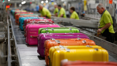 Colorful luggage travels along conveyor belt in busy airport terminal during peak travel seasonの素材