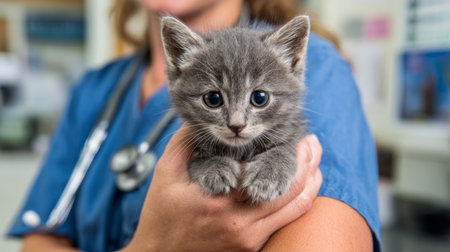 Caring veterinarian holds playful gray kitten in a clinic setting during daytimeの素材