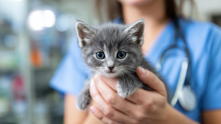 Cute gray kitten held by a veterinarian in a clinic during a routine health checkupの素材