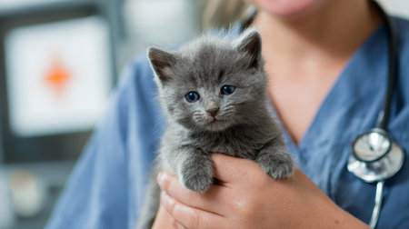 Kitten being cared for by veterinarian in an animal clinic during a routine check-upの素材