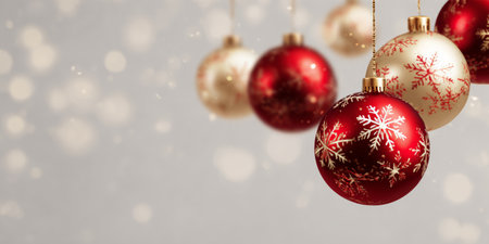 Festive decorations with red and white ornaments during the holiday seasonの素材