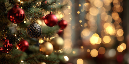 Beautifully decorated Christmas tree with ornaments and twinkling lights creating a festive atmosphere during the holiday seasonの素材