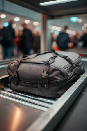 Security check process at an airport featuring a black travel bag on the conveyor beltの素材