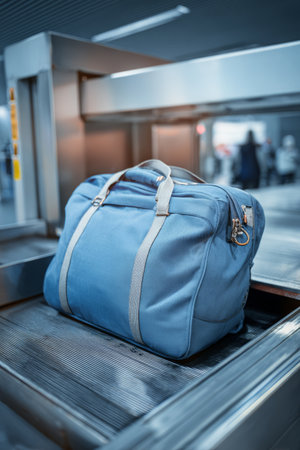 Travel bag on conveyor belt in airport security area during busy travel seasonの素材