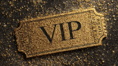 Gold ticket featuring VIP text on sparkling glitter background ideal for exclusive events or celebrationsの素材