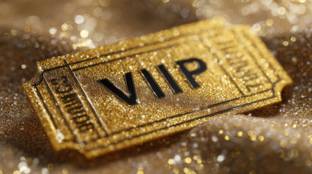Golden VIP ticket resting on a sparkling surface with glittery texture in a bright settingの素材