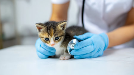 Vet examines small kitten during routine health check-up in clinic setting, showcasing care and compassion for petsの素材