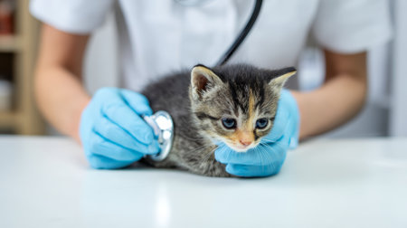 Kitten receiving a check-up at an animal clinic with a veterinarian in blue gloves and a stethoscopeの素材