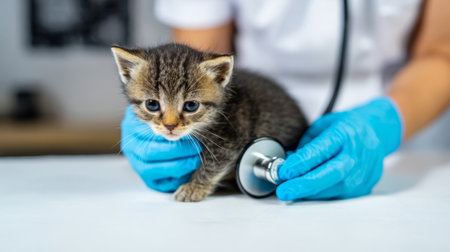 Kitten receiving a health check at a veterinary clinic with a caring veterinarianの素材