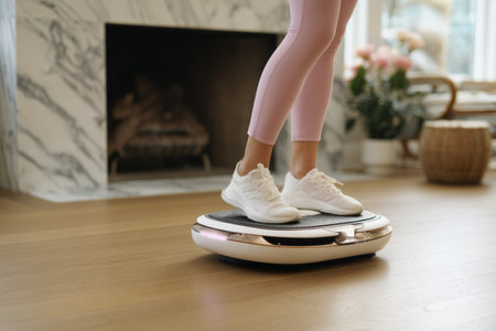 Person using a balance board at home for fitness and stability in a cozy living room settingの素材