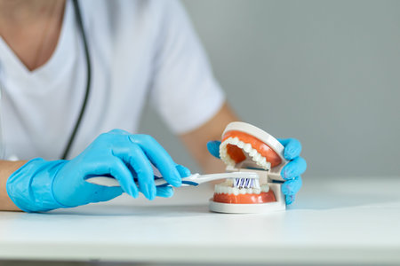 Demonstration of proper dental hygiene with a model of teeth and toothbrush in a clinical setting