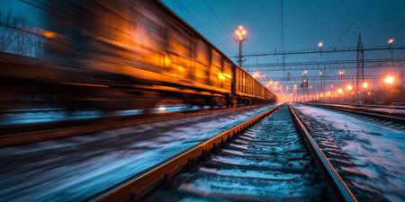 Train moves swiftly along snowy tracks at dusk, illuminating the surroundings with warm lightの素材
