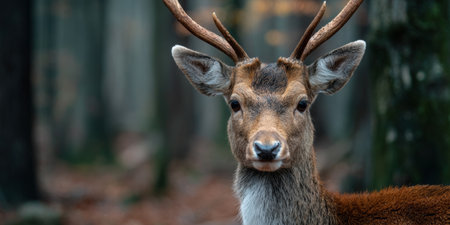 Close-up of a majestic deer with antlers in a tranquil forest during the early morningの素材