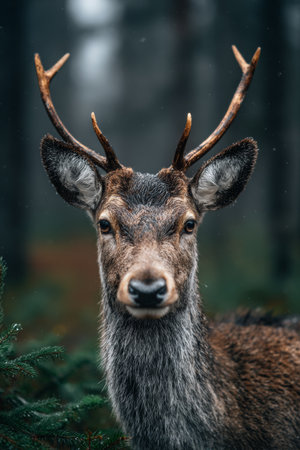 Deer with antlers standing in a misty forest, showcasing its curious expression amidst the dense treesの素材